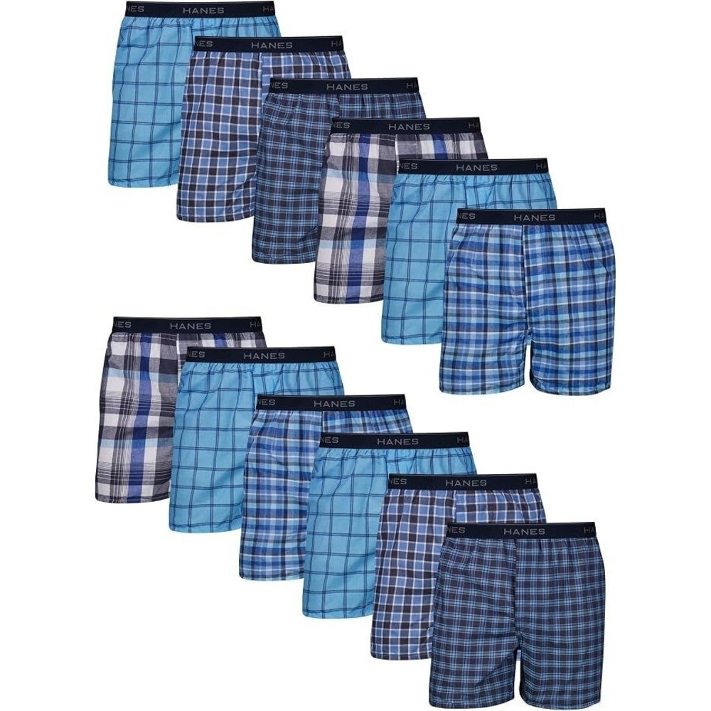 Hanes Men's 12-Pack Tagless Breathable Moisture Wicking Boxers - Blue Plaid - M